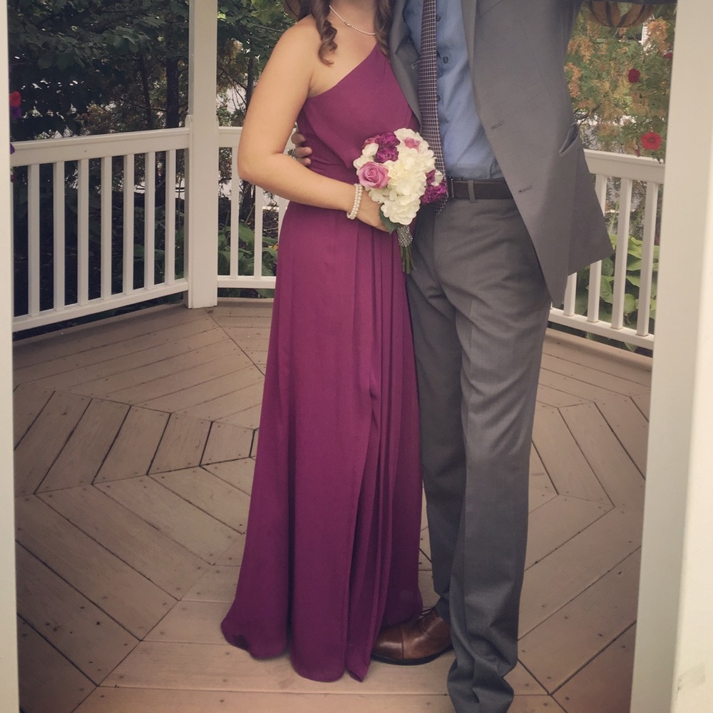 Chiffon, long, one shoulder, crinkled dress.